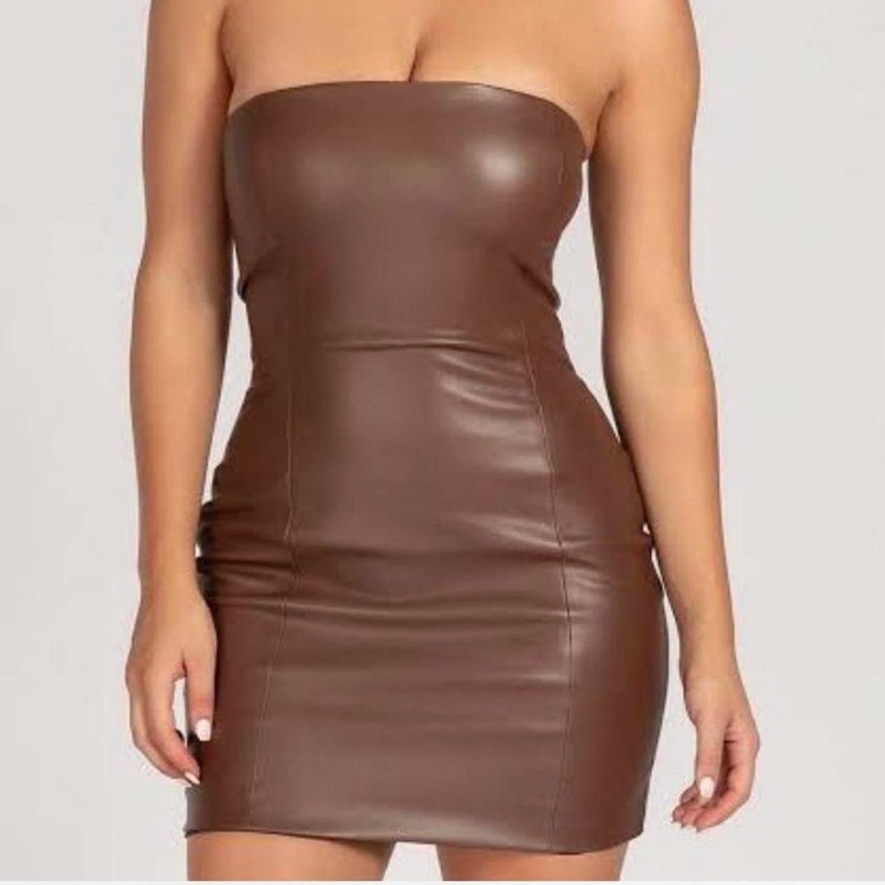 Meshki Faux Leather Brown Mini Dress - XS